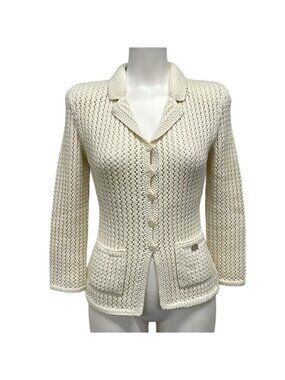 Chanel Jacket 38 M Ivory Knit Spring Autumn Shoulder Pad Cotton Cashmere